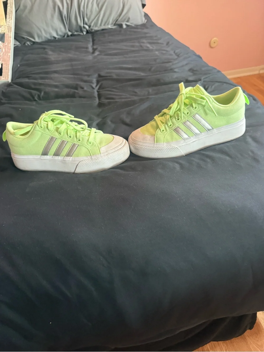adidas Lime Green Canvas Platform Sneakers with Silver Stripes